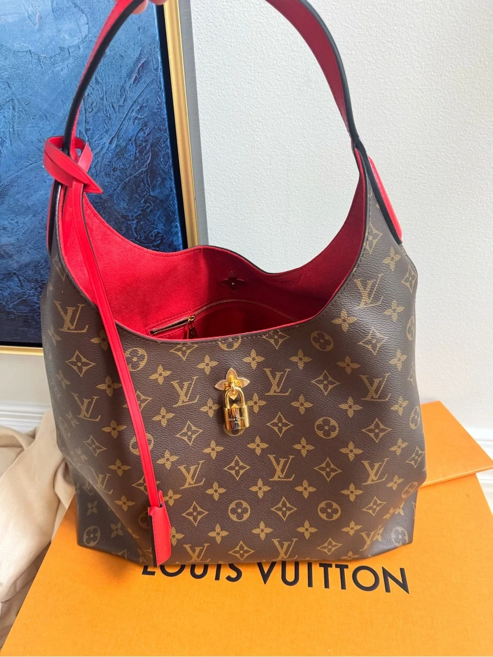 Louis Vuitton Brown Monogram Hobo with Red Trim and Gold Lock